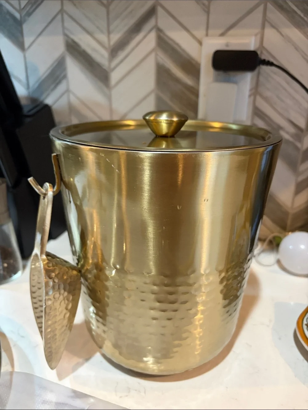 Brass Finish Hammered Ice Bucket with Lid and Scoop